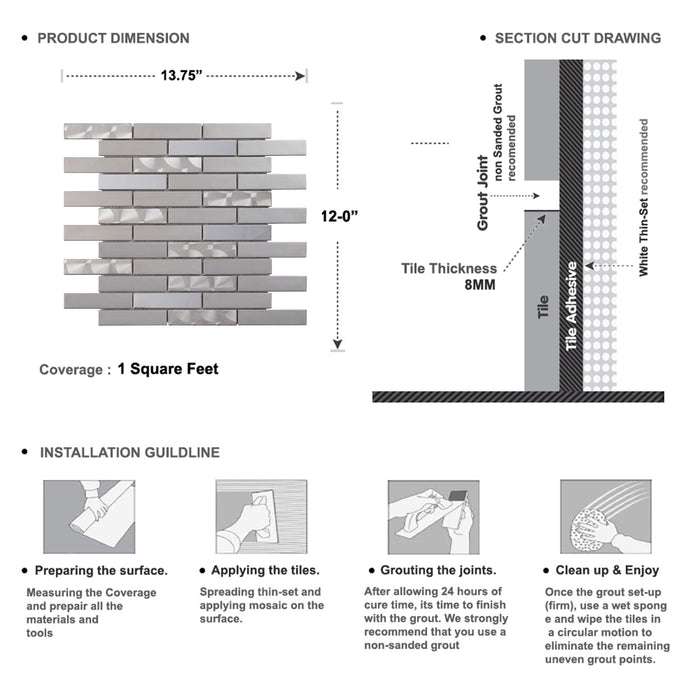 Sample - TDH252SS Stainless Steel Brushed Nickel Jeweling Gray Metallic Metal Mosaic Tile