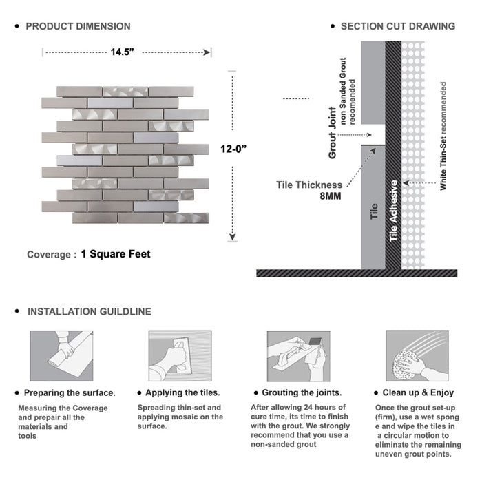 Sample - TDH261SS Stainless Steel Brushed Nickel Jeweling Gray Metallic Metal Mosaic Tile