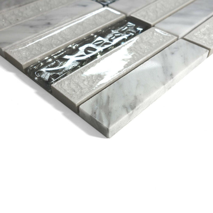 Sample - TDH201MO White Carrara Marble Stone Blended with Crackle and Silver Glass Mosaic Tile