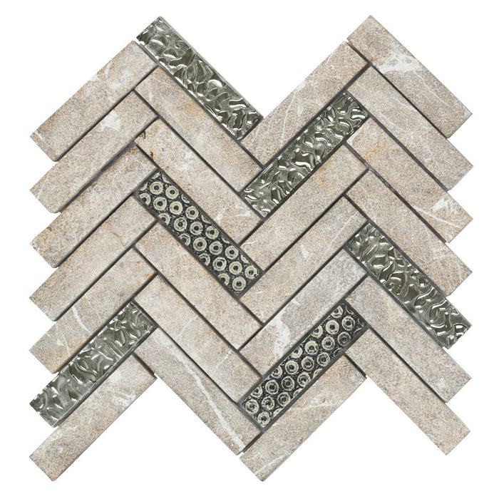 TDH135MO Gray Textured Stone Blended with Silver Glass and 3D Décor Mosaic Tile