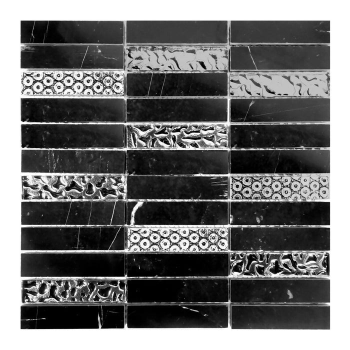TDH192MO Black Marble Stone Blended with Silver Glass and 3D Décor Mosaic Tile