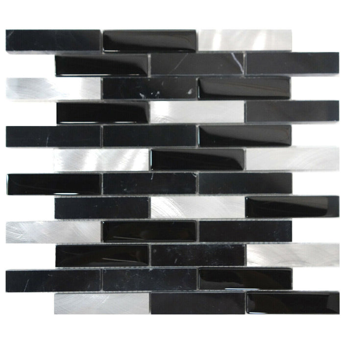 TDH218MO Black Marble Stone Blended with Black Crystal Glass and Aluminum Mosaic Tile