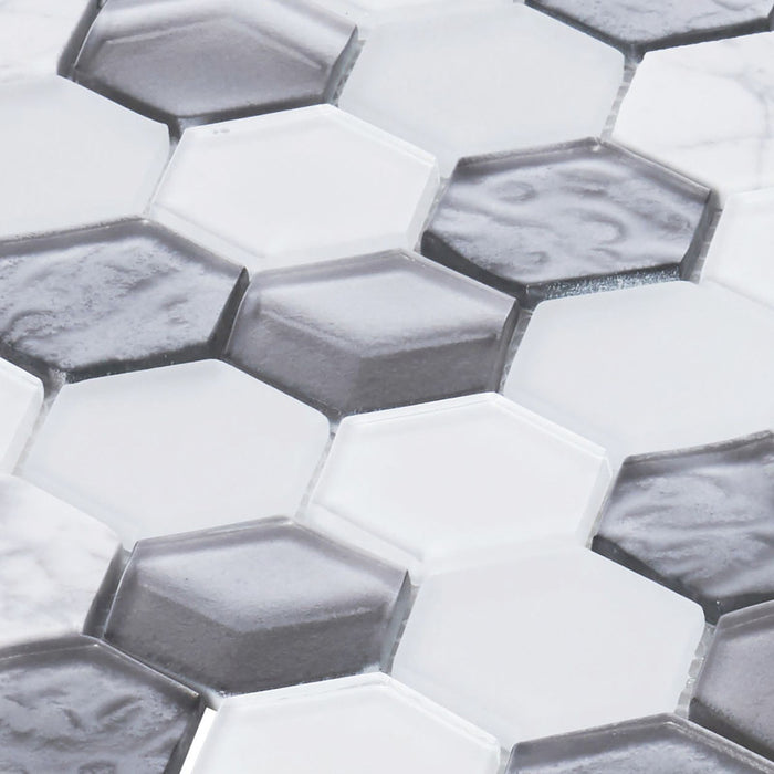 TDH27MDR Hexagon White and Gray Glass Blended with White Marble Stone Mosaic Tile
