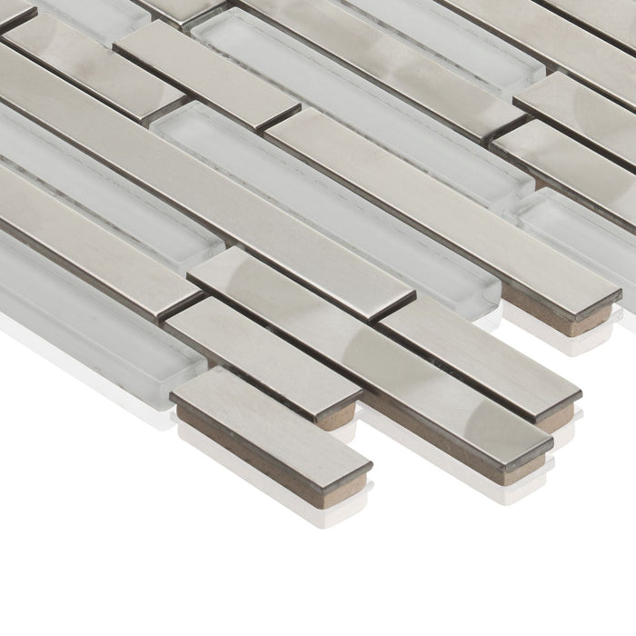 Sample - TDH26MDR White Glass Stainless Steel Interlocking Metallic Mosaic Tile
