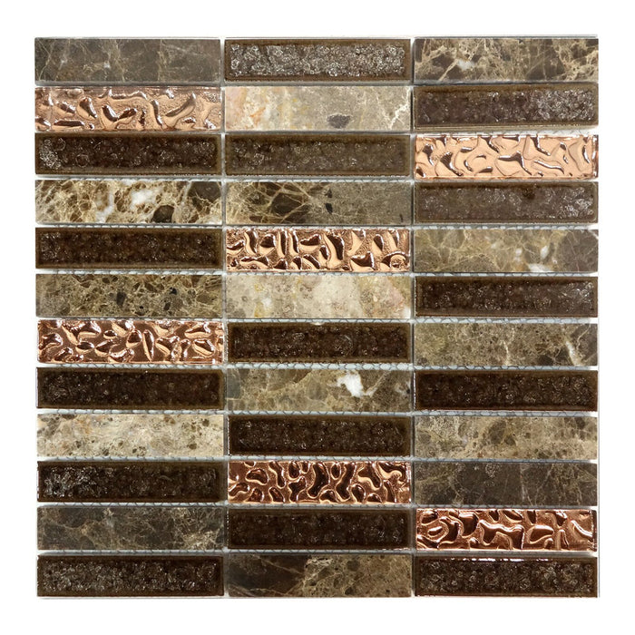 TDH203MO Brown Marble Stone Blended with Crackle and Silver Glass Mosaic Tile