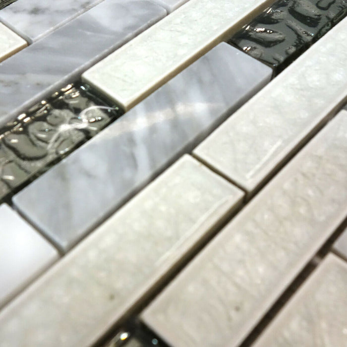 TDH204MO White Carrara Marble Stone Blended with Crackle and Silver Glass Mosaic Tile