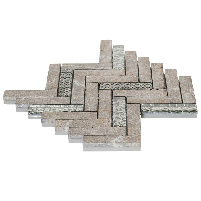 Sample - TDH135MO Gray Textured Stone Blended with Silver Glass and 3D Décor Mosaic Tile