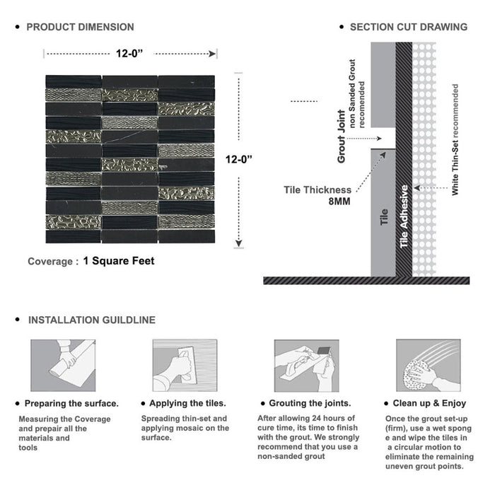 Sample - TDH34MO Crystal Glass Natural Stone 3D Art Deco Black Mosaic Tile