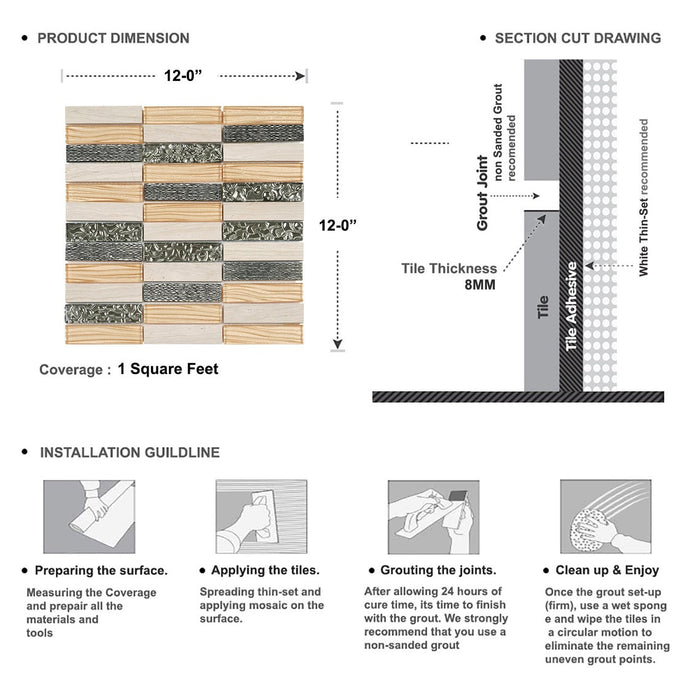 Sample - TDH35MO Crystal Glass Natural Stone 3D Art Deco Beige Mosaic Tile