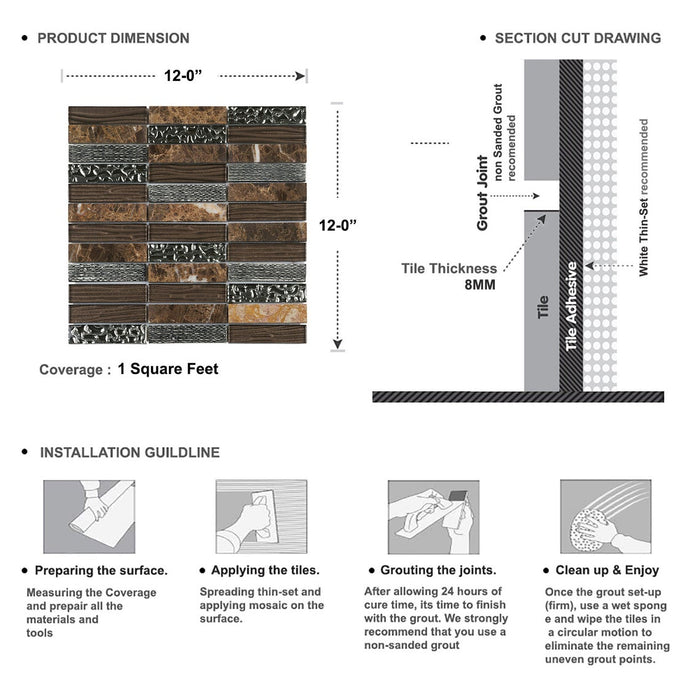 Sample - TDH36MO Crystal Glass Natural Stone 3D Art Deco Brown Mosaic Tile