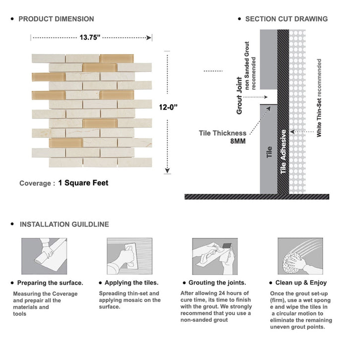 Sample - TDH56MO Natural Stone Glass Beige Mosaic Tile