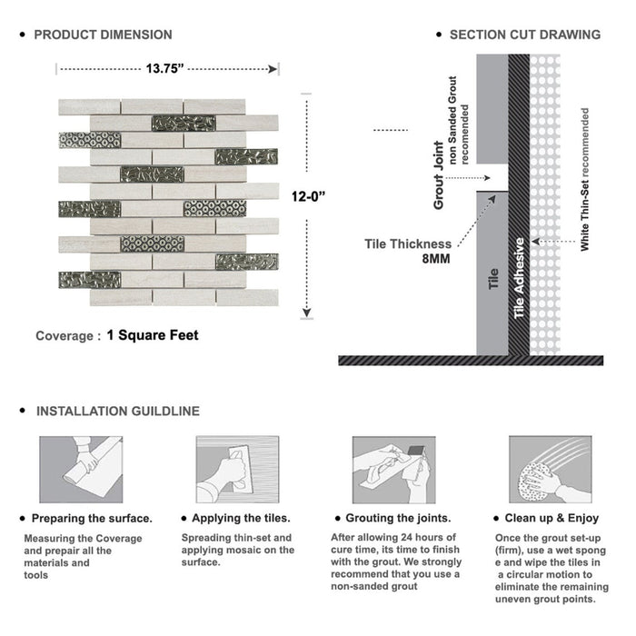 Sample - TDH134MO Natural Stone Glass 3D Art Deco Taupe Mosaic Tile