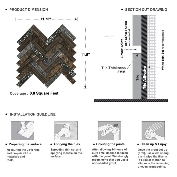 Sample - TDH77MO Natural Stone Glass 3D Art Deco Emperador Brown Mosaic Tile