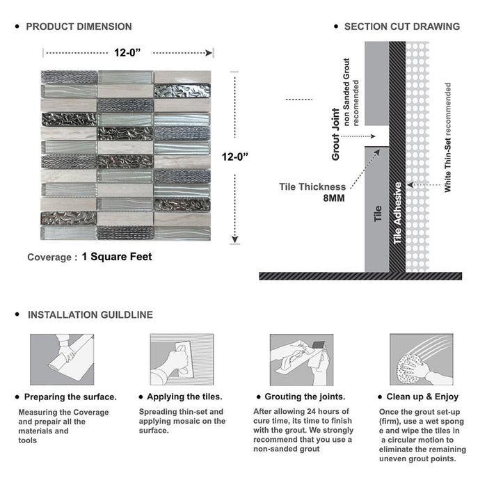 Sample - TDH226MO Natural Stone Glass 3D Art Deco Taupe Gray Mosaic Tile