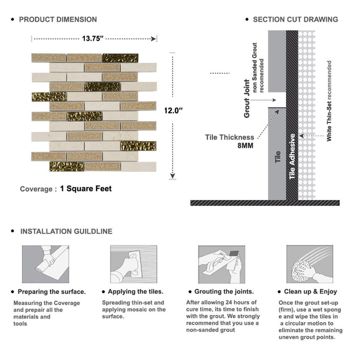 Sample - TDH163MO Natural Stone Crema Marfil Marble Glass Beige Mosaic Tile