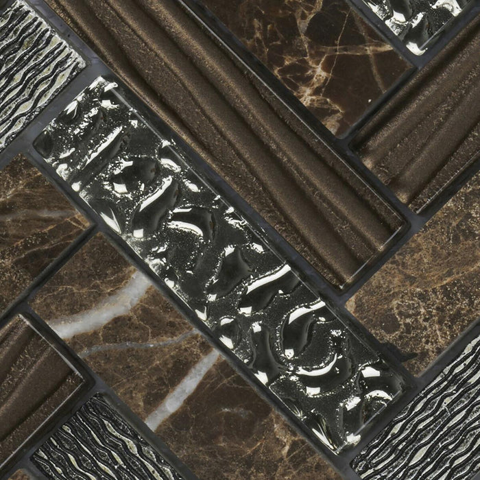 Sample - TDH77MO Natural Stone Glass 3D Art Deco Emperador Brown Mosaic Tile