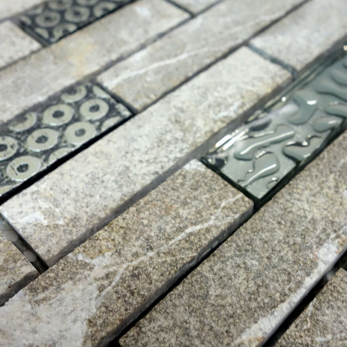 Sample - TDH136MO Gray Textured Stone Blended with Silver Glass and 3D Décor Mosaic Tile