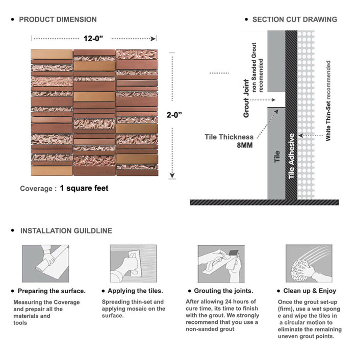 Sample - TDH511RG Stainless Steel Crystal Glass Rose Gold Copper Metallic Metal Mosaic Tile