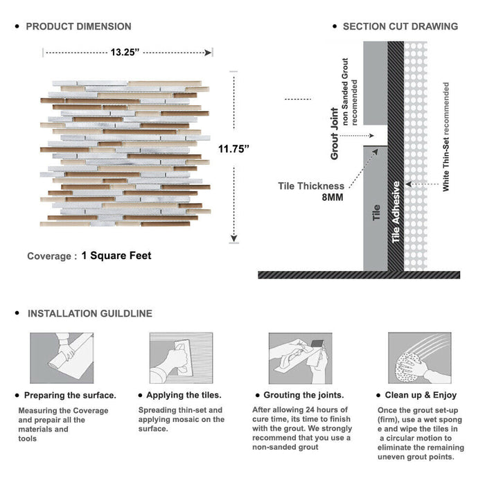 Sample - TDH39MDR Beige Glass Aluminum Metallic Linear Interlocking Mosaic Tile