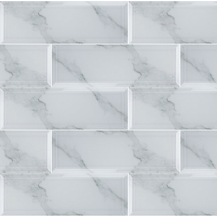 TDH77MDR 4” x 12” Bevel 3D Edge Super White Calacatta Stone Pattern Glass Subway Mosaic Tile