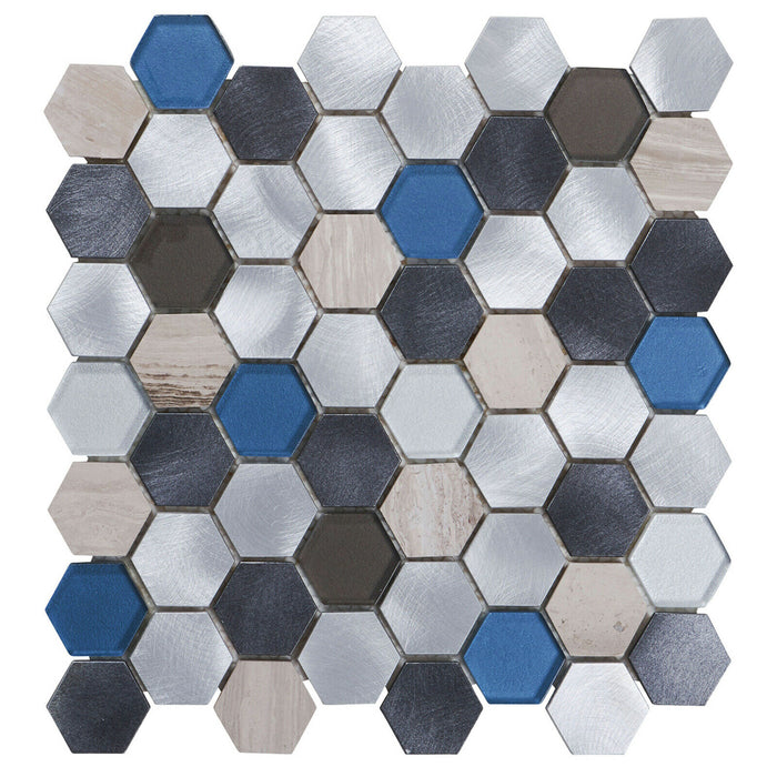 Sample - TDH35MDR Gray Marble Blue Glass Aluminum Metallic Hexagon Mosaic Tile