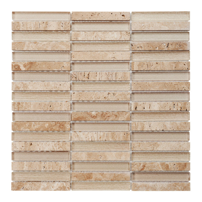 TDH520NS Natural Stone Travertine Marble Crystal Glass Beige Sand Mosaic Tile