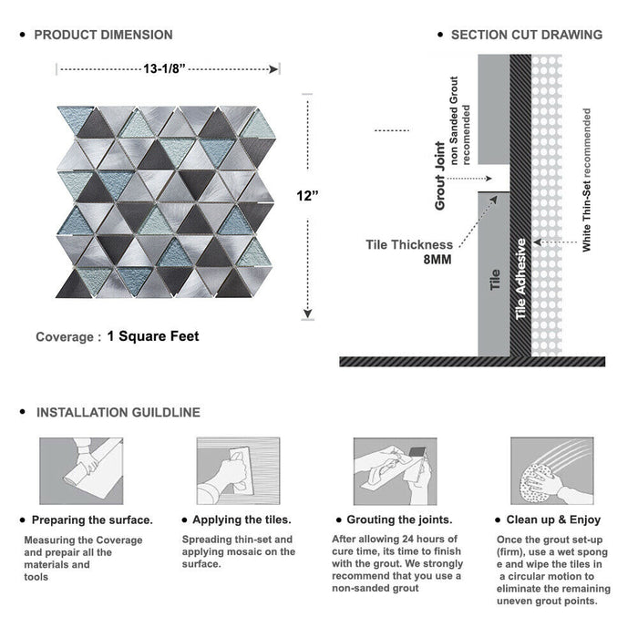 Sample - TDH64MDR Black Gray Aluminum Metallic Crystal Glass Triangle Mosaic Tile
