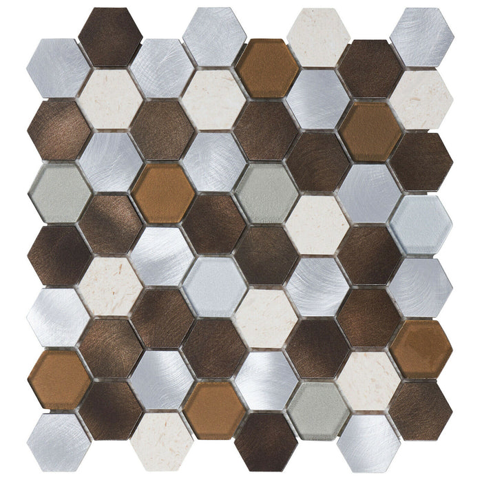 Sample - TDH34MDR Brown Beige Marble Metallic Hexagon Mosaic Tile