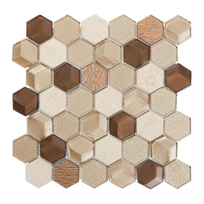 TDH30MDR Brown Beige 3D Glass Crema Marfil Stone Hexagon Mosaic Tile