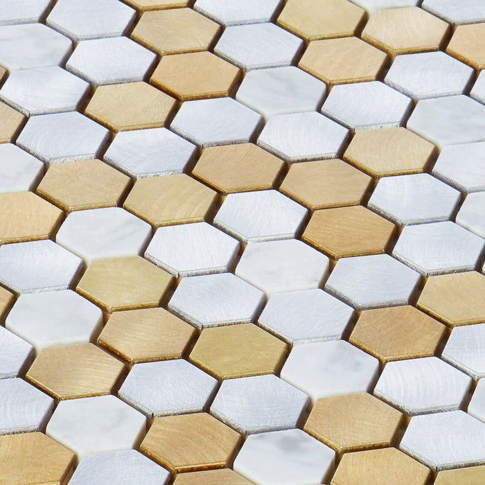 Sample - TDH45MDR White Calacatta Marble Champagne Gold Aluminum Metallic 1" Hexagon Mosaic Tile