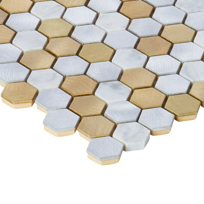 Sample - TDH45MDR White Calacatta Marble Champagne Gold Aluminum Metallic 1" Hexagon Mosaic Tile