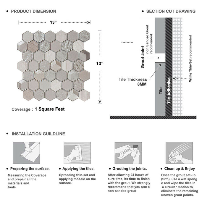 Sample - TDH28MDR Gray White Oak Beige Glass Marble Stone Hexagon Mosaic Tile