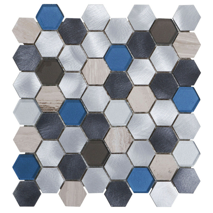 TDH35MDR Gray Marble Blue Glass Aluminum Metallic Hexagon Mosaic Tile