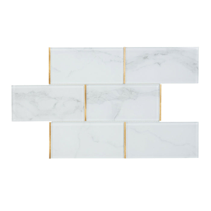 TDH78MDR 4” x 8” Super White Calacatta Stone Pattern Glass Gold Metal Trim Subway Mosaic Tile