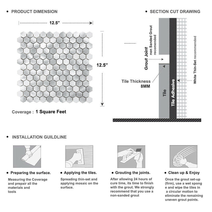 Sample - TDH44MDR White Marble Aluminum Metallic 1" Hexagon Mosaic Tile