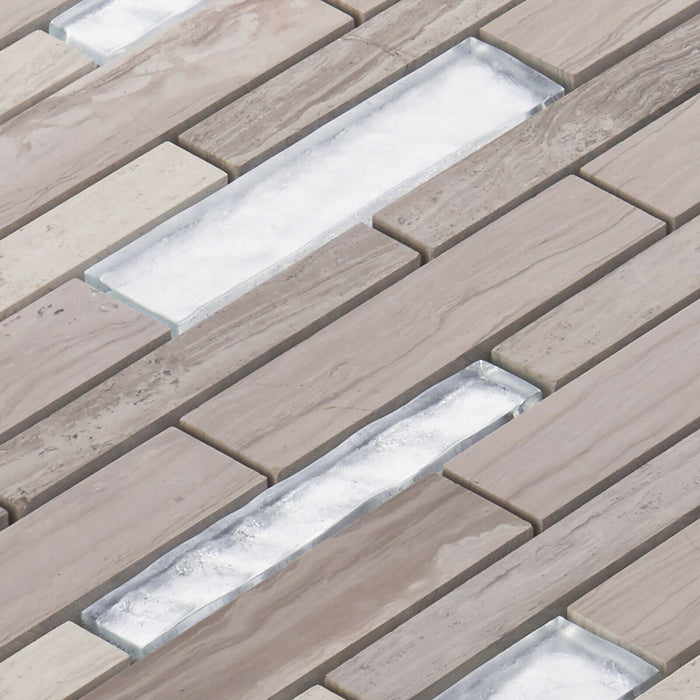 Sample - TDH479NS Natural Stone Crystal Glass White Oak Taupe Gray White Mosaic Tile