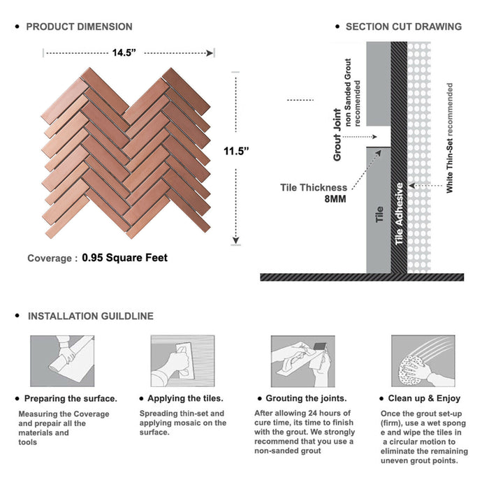 Sample - TDH412RG Stainless Steel Rose Gold Copper Metallic Metal Mosaic Tile