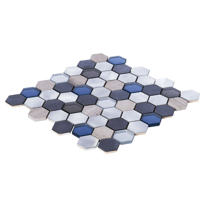 Sample - TDH35MDR Gray Marble Blue Glass Aluminum Metallic Hexagon Mosaic Tile