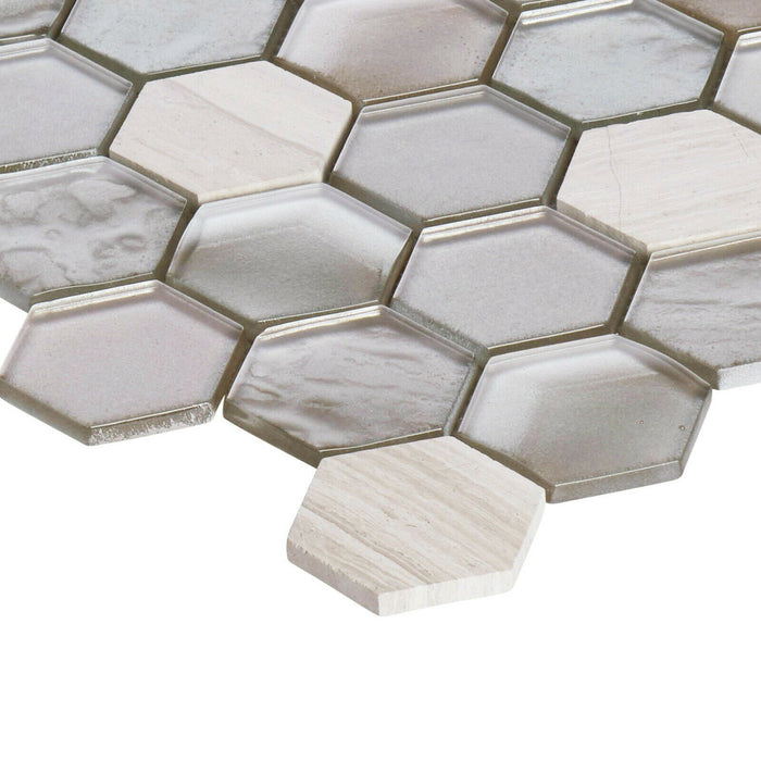 Sample - TDH28MDR Gray White Oak Beige Glass Marble Stone Hexagon Mosaic Tile