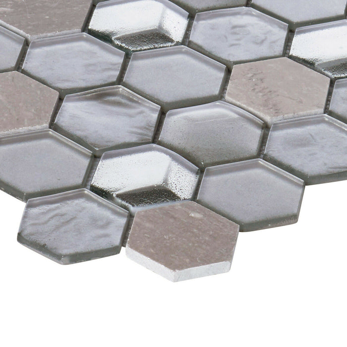 Sample - TDH29MDR Gray Metallic 3D Glass Marble Stone Hexagon Mosaic Tile