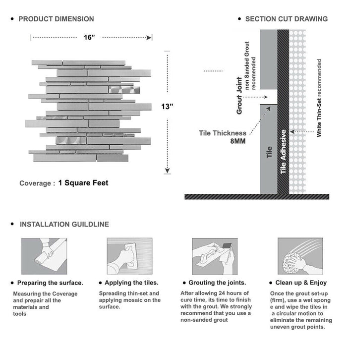 Sample - TDH24MDR Metal Metallic Silver Linear Interlocking Mosaic Tile