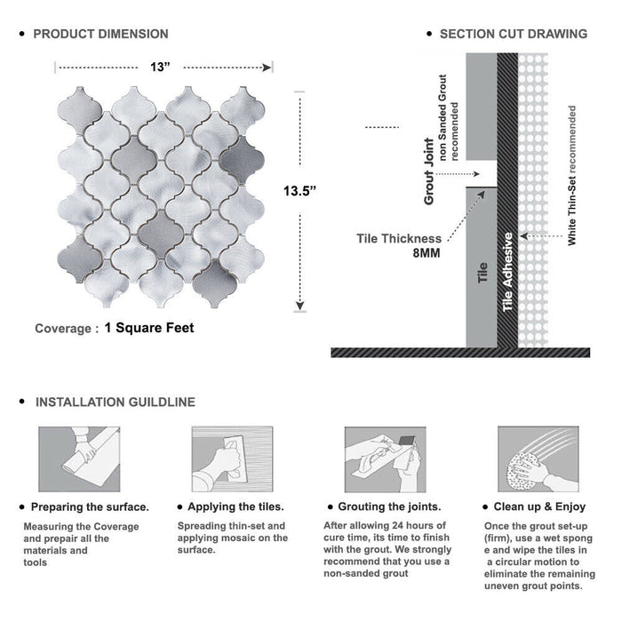 Sample - TDH42MDR Gray Silver Aluminum Metallic Arabesque Mosaic Tile