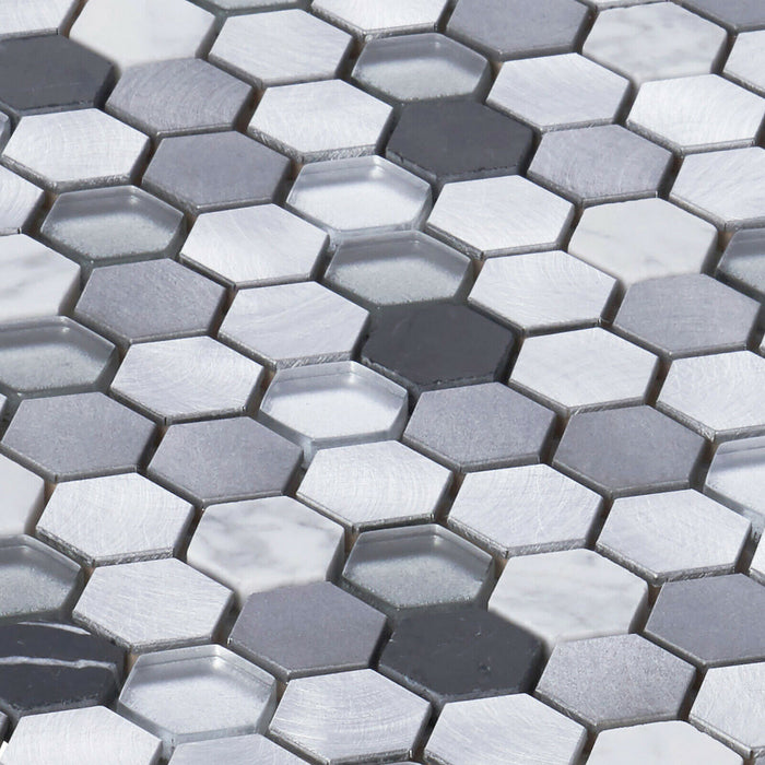 TDH46MDR White Calacatta Black Marble Gray Glass Metallic 1" Hexagon Mosaic Tile
