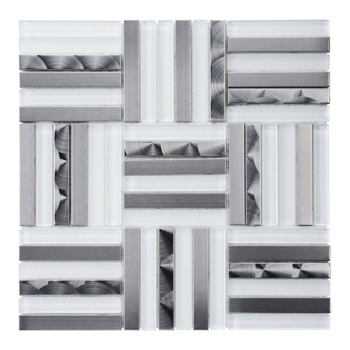 Sample - TDH372SS Stainless Steel Brushed Nickel White Crystal Glass Metallic Metal Mosaic Tile