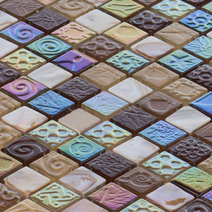 TDH11MDR Brown Beige Glass Mother of Pearl 1" Grid Mosaic Tile