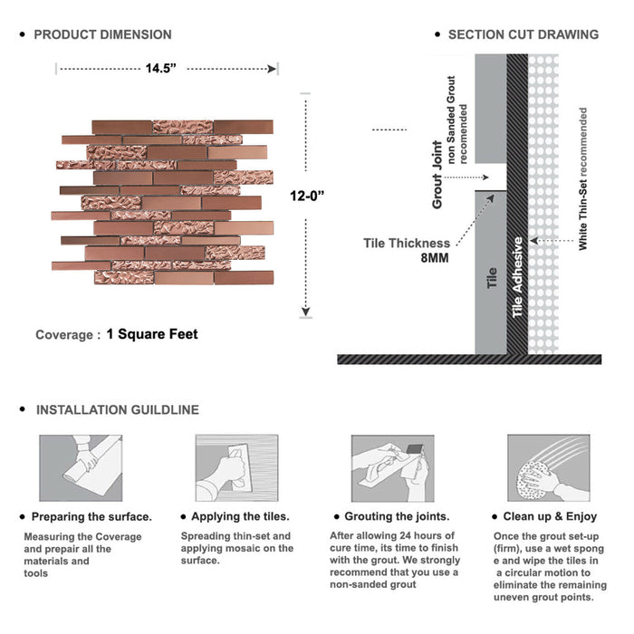 Sample - TDH489RG Stainless Steel Crystal Glass Rose Gold Copper Metallic Metal Mosaic Tile