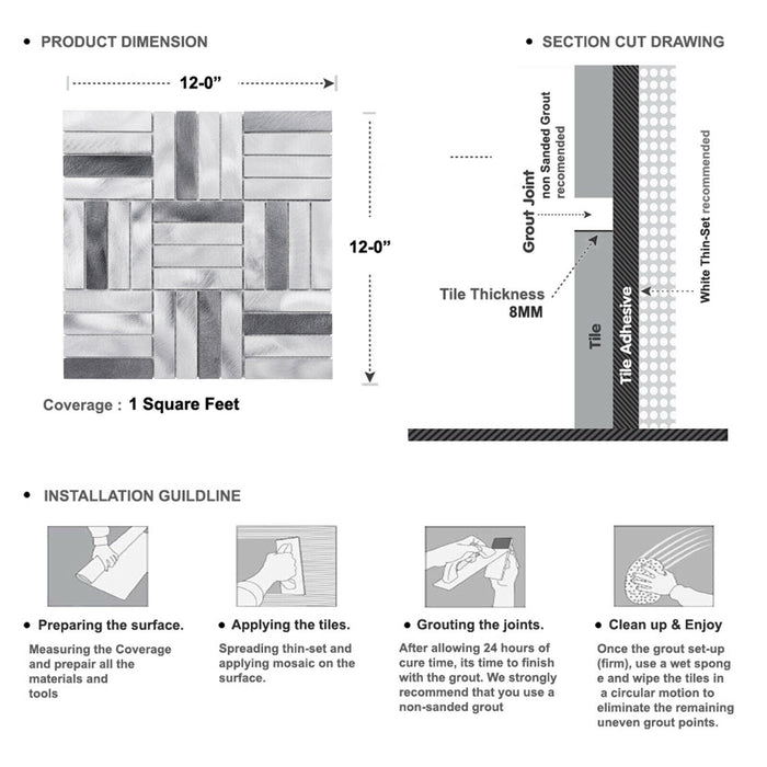 Sample - TDH267AL Aluminum Metal Silver Gray Metallic Mosaic Tile