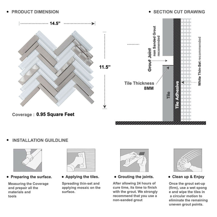 Sample - TDH414SS Stainless Steel Brushed Nickel Swirling Glass White Silver Metallic Metal Mosaic Tile