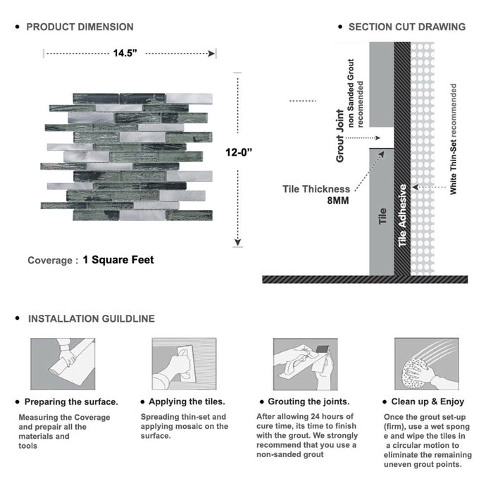 Sample - TDH495AL Aluminum Crystal Glass Gray Silver Metallic Mosaic Tile