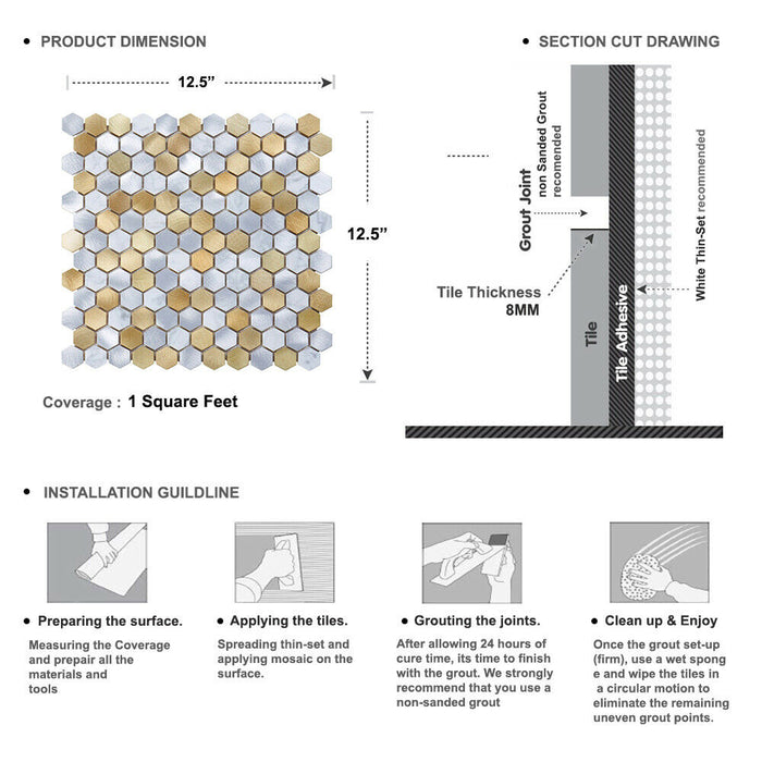 Sample - TDH45MDR White Calacatta Marble Champagne Gold Aluminum Metallic 1" Hexagon Mosaic Tile